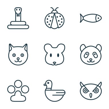 Hayvanat Bahçesi Icons set ile deniz ürünleri, uğur böceği, baykuş ve diğer kaz öğeleri ile. İzole vektör çizim Hayvanat Bahçesi simgeler.