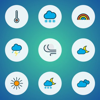 İklim simgeler renkli çizgi donma, alacakaranlık, ay ışığı ve diğer gökkuşağı ile öğeleri ayarlayın. İzole vektör çizim iklim simgeler.