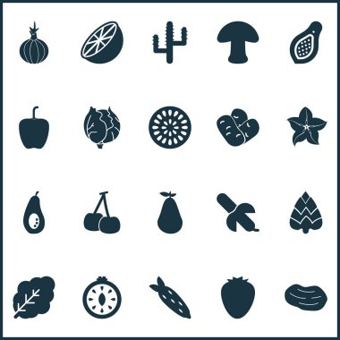 Sebze simgeler kök bitkisel, doğal, mantar ve diğer marakuja öğeleri ayarlayın. İzole vektör çizim sebze simgeler.
