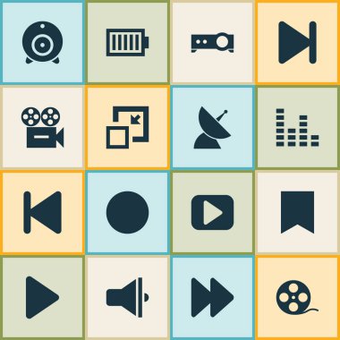 Ses karıştırıcı ile Medya Icons set, Bağıntı antenler, sonu ve diğer öğeleri oynamak. İzole vektör çizim medya simgeler.