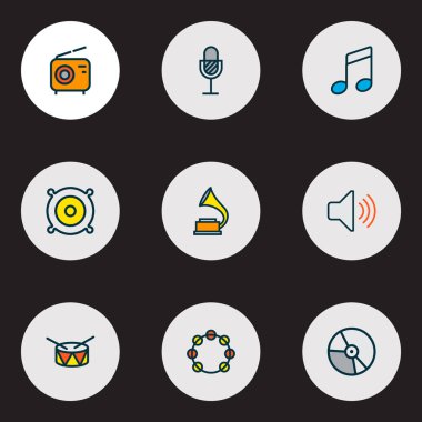 Ses simgelerini renkli çizgi ile radyo, hoparlör, fonograf ve diğer gramofon öğeleri ayarlayın. İzole vektör çizim ses simgeler.