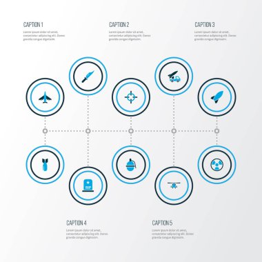 Savaş Icons renkli set ile dinamit, askeri, roket ve diğer bıçak öğeleri. İzole illüstrasyon savaş simgeler.