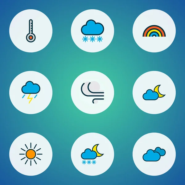 Air icone linea colorata set con congelamento, crepuscolo, raggio di luna e altri elementi arcobaleno. Isolate icone aria illustrazione . — Foto Stock