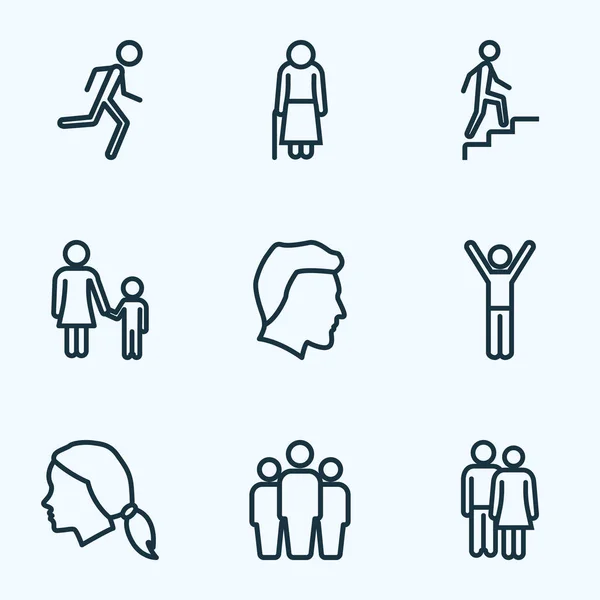 Iconos de persona conjunto de estilo de línea con niño, cabeza, trotar y otros elementos de ejecución. Iconos de persona de ilustración aislada . — Foto de Stock