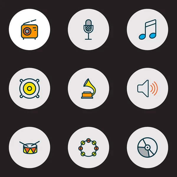 Linea colorata di icone multimediali con radio, altoparlante, fonografo e altri elementi grammofonici. Isolato illustrazione icone multimediali . — Foto Stock