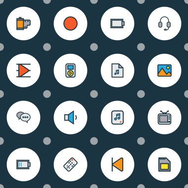 Müzik simgeler resim, yorum, sd kart ve diğer şarkı liste öğeleri ile Ayarla satır renkte. İzole vektör illüstrasyon müzik simgeleri.