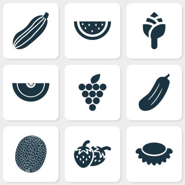 Kavun, karpuz, kabak ve diğer grup elemanları ile gıda Icons set. İzole vektör çizim gıda simgeler.