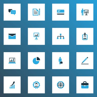 İş ikonları/simgeleri daire grafiği, erişim, çanta pasta grafik öğeleri kümesiyle renkli. İzole vektör illüstrasyon iş ikonları/simgeleri.