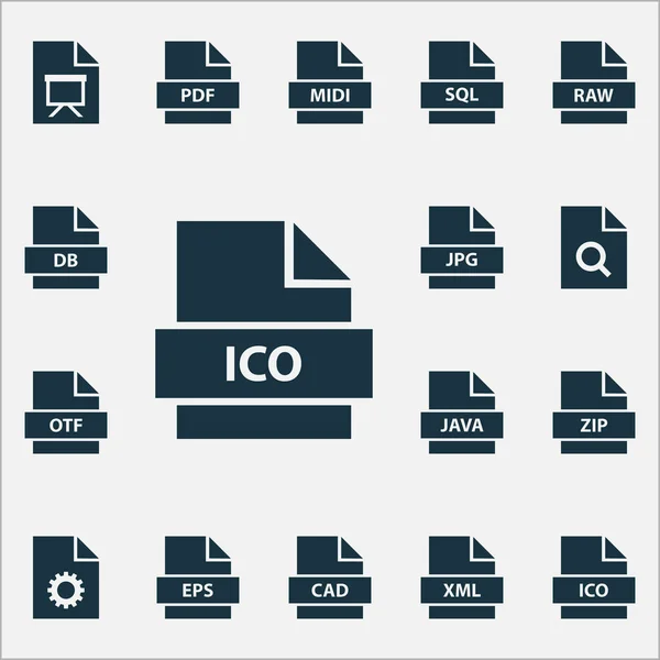 Tipos de ícones definidos com folio, multimídia, pdf e outros elementos de linguagem de programação. Isolados tipos de ilustração vetorial ícones . — Vetor de Stock