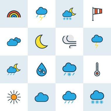 Hava simgeleri renkli çizgi ile bulutlu gün, yüzde, soğuk ve diğer thunderstroke öğeleri ayarla. İzole illüstrasyon hava simgeleri.
