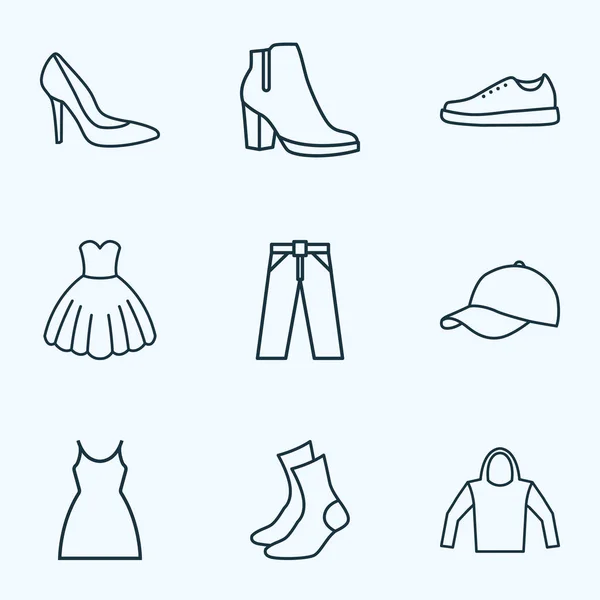 Vêtements icônes style ligne sertie de robe, bottes féminines, talons et autres éléments de sweat-shirt. Illustration isolée vêtements icônes . — Photo