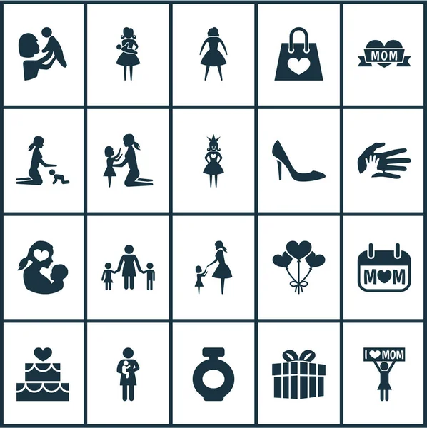 Mothers day icon design concept. Set of 20 such elements as palms, announcement and woman. Beautiful symbols for mother, baby and playing.