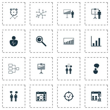 Yönetim simgeleri iş hedefleri, fikir tartışmaları, Proje sunumu ve diğer çözüm gösteri elemanları ile ayarlayın. İzole vektör çizim yönetim simgeleri.