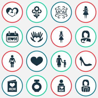 Anneler günü simgesi tasarım konsepti. Anneler günü, topuklu ayakkabı ve çocuk 16 gibi öğeleri kümesi. Anne, kalp ve sevgi için güzel sembolleri.