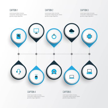 Bilgisayar simgeler kümesi ile bilgisayar, kulaklık, sabit disk ve diğer kamera öğeleri renkli. İzole vektör çizim bilgisayar simgeler.