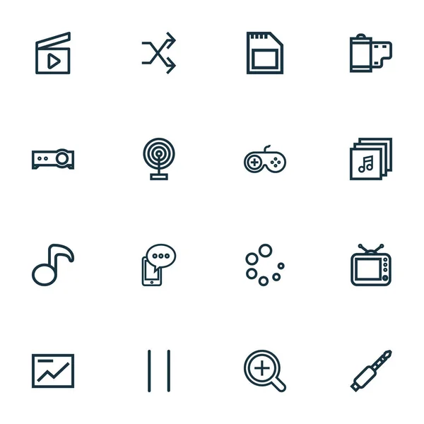 Multimedia-Symbole Linie Stil-Set mit Lupe, Pause, Handy und andere mobile Inhalte Elemente. isolierte Vektorillustration Multimedia-Icons. — Stockvektor