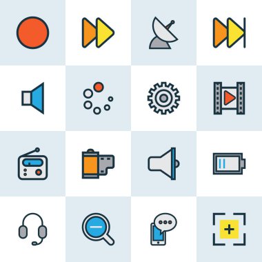 Müzik simgeleri renkli çizgi koymak film, sinema, zoom ile out ve diğer kulaklık öğeleri. İzole illüstrasyon müzik simgeleri.