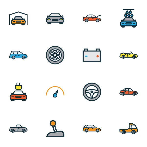 Automobile icone linea colorata set con cabriolet, tachimetro, marcia e altri elementi del timone. Isolato illustrazione icone automobilistiche . — Foto Stock