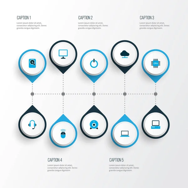 Bilgisayar simgeler kümesi ile bilgisayar, kulaklık, sabit disk ve diğer kamera öğeleri renkli. İzole illüstrasyon bilgisayar simgeler.