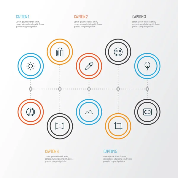 Resmi simgeler çizgi stili ile hızlandırılmış ayarla, ağaç, gülümseme ve diğer panorama öğeleri. İzole illüstrasyon resim simgeleri.