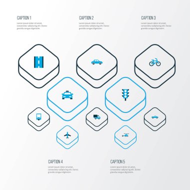 Ulaşım simgeler kümesi tramvay, uçak, pikap ve diğer otomatik öğeleri ile renkli. İzole vektör çizim ulaşım simgeler.