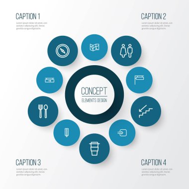 Bilgi simgeleri stil tuvalet, merdiven ve diğer adımları aşağı öğeleri kümesi satır. İzole vektör çizim bilgi simgeleri.