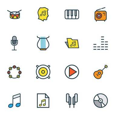 Multimedya simgeler renkli çizgi hoparlör, dizeleri, vinil ve diğer mikser ile öğeleri ayarlayın. İzole vektör çizim multimedya simgeler.