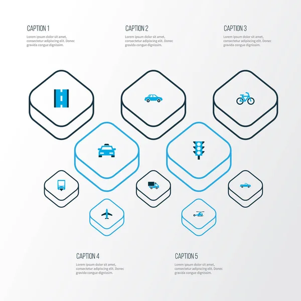 Ulaşım simgeler kümesi tramvay, uçak, pikap ve diğer otomatik öğeleri ile renkli. İzole vektör çizim ulaşım simgeler.