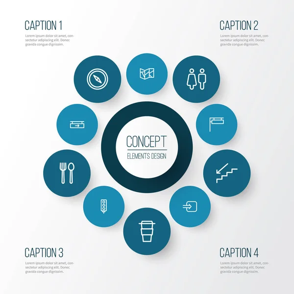 Bilgi simgeleri stil tuvalet, merdiven ve diğer adımları aşağı öğeleri kümesi satır. İzole vektör çizim bilgi simgeleri.
