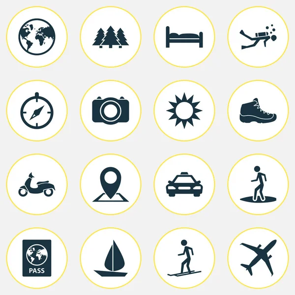 Yolculuk simgeler kayakçı, yelken, pusula ve diğer spor ayakkabı öğeleri ile ayarlayın. İzole vektör çizim yolculuk simgeler.