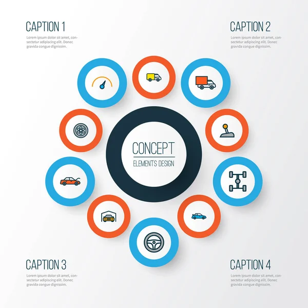 Araba simgeler renkli çizgi öğelerini başlık, direksiyon simidi, vites ve diğer hız ile ayarlayın. İzole vektör çizim araba simgeler.