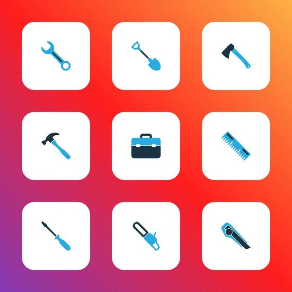 Tools icons colored set with screwdriver, hammer, utility knife and other saw elements. Isolated vector illustration tools icons. — Stock Vector