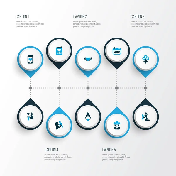 Anneler günü simgesi renkli tasarım konsepti. Tatil, dadı ve cep telefonu 10 gibi öğeleri kümesi. Kalp, kadın ve anne için güzel sembolleri.