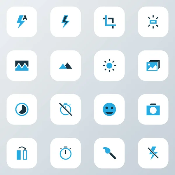 Ícones de fotos colorido conjunto com temporizador, imagem quebrada, relâmpago e outros elementos flash. Ícones de foto ilustração isolada . — Fotografia de Stock