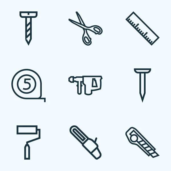 Repare iconos de estilo de línea con medidas, tijeras, clavos y otros elementos de sierra. Iconos de reparación de ilustración aislada . —  Fotos de Stock