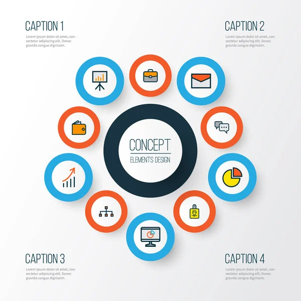 Feladat ikonok színes vonal meg megjegyzést, a jelvény, a tortadiagram és a másik kör statisztika elemeit. Elszigetelt illusztráció munka ikonok. — Stock Fotó