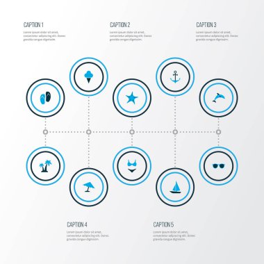 Sezon simgeler kümesi bikini, gemi, gözlük ve diğer mayolar öğeleri ile renkli. İzole vektör çizim sezon simgeler.