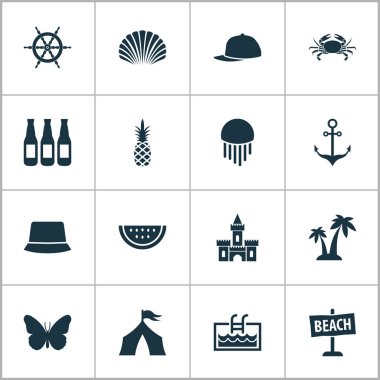 Sezon Icons set ile çadır, çapa, denizanası ve diğer aksesuar armatür öğeleri ile. İzole vektör çizim sezon simgeler.