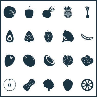 Gıda Icons set ile Hindistan cevizi, dolmalık biber, ananas ve diğer Bulgar biber öğeleri ile. İzole vektör çizim gıda simgeler.