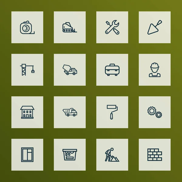 Iconos de la industria conjunto de estilo de línea con marco de vidrio, gancho de elevación, espátula y otros elementos de obras de construcción. Iconos aislados de la industria de la ilustración vectorial . — Vector de stock