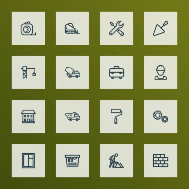 Mimari simge stil kanca, spatula ve diğer inşaat işleri öğeleri kaldırma cam çerçeve kümesi satır. İzole illüstrasyon mimari simgeler.