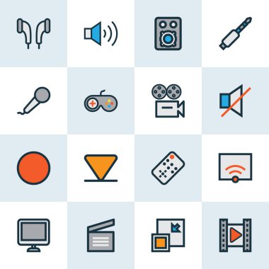 Medya Simgeler çizgi sinema, kamera, görüntü ve dilsiz başka öğeler ile renkli. İzole illüstrasyon medya simgeler.