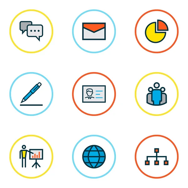 Trade icons colored line set with identification document, pie chart, pen and other pencil elements. Isolated  illustration trade icons.