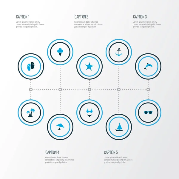 Sezon simgeler kümesi bikini, gemi, gözlük ve diğer mayolar öğeleri ile renkli. İzole illüstrasyon sezon simgeler.