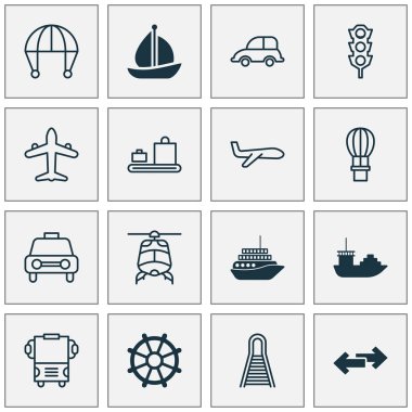 Motorlu tekne, kargo tekne, Bagaj konveyör ve diğer demiryolu öğeleri taşıma Icons set. İzole vektör çizim taşıma simgeler.
