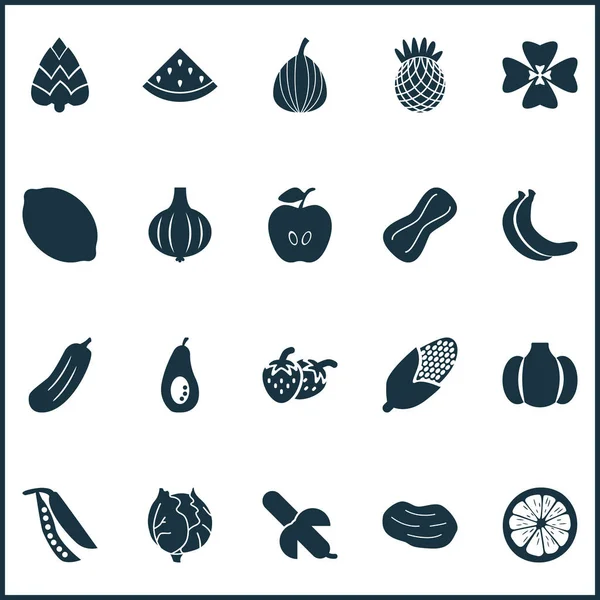 Їжа іконки, встановлені з бобовими, дині, яблука та інших елементів інжиру. Ізольовані Векторні ілюстрації їжі піктограми . — стоковий вектор