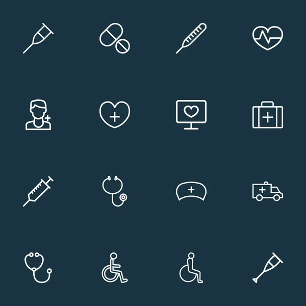 Антибіотичні ікони лінійний стиль, встановлений з людиною з інвалідністю, стетоскоп, елементи лікаря. Ізольовані Векторні ілюстрації антибіотики значки . — стоковий вектор