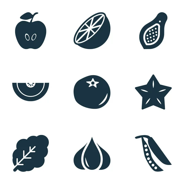 Пищевые иконы с канталупой, кетчупом, шпинатом и другими элементами лапы. Изолированные иллюстрации . — стоковое фото