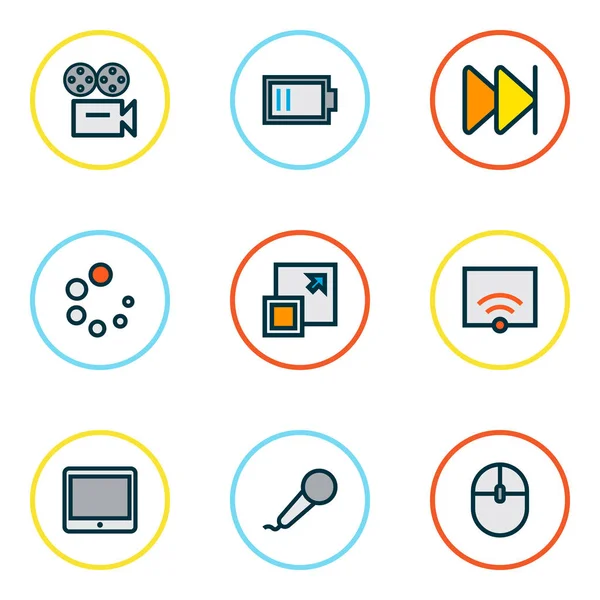 Karaoke ile sonraki seti, büyütmek multimedya simgeler renkli çizgi ve diğer öğeleri şarj edin. İzole illüstrasyon multimedya simgeler.