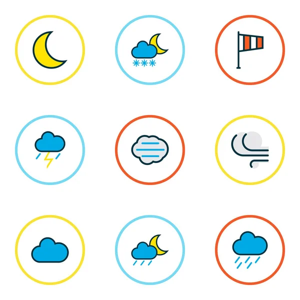 Clima icone linea colorata impostata con mezzanotte, ventoso, nuvoloso e altri elementi di congelamento. Isolato illustrazione icone del clima . — Foto Stock